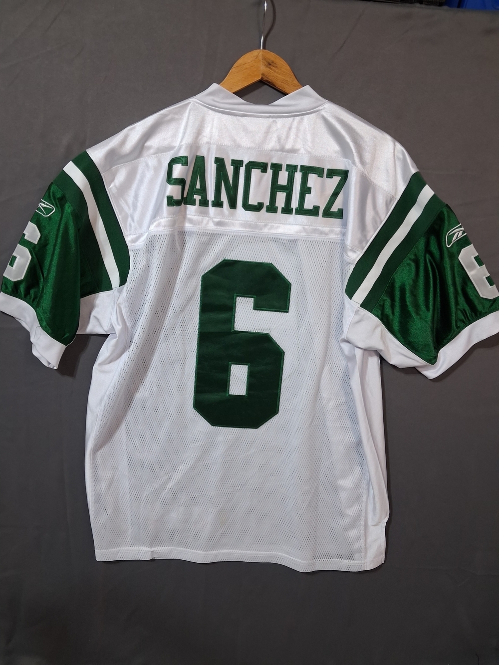Reebok White & Green 'Sanchez' #6 Football Jersey